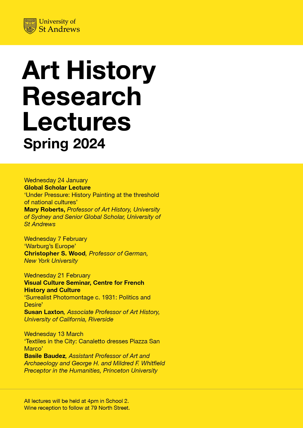 Art History Research Lectures date poster for Spring 2024