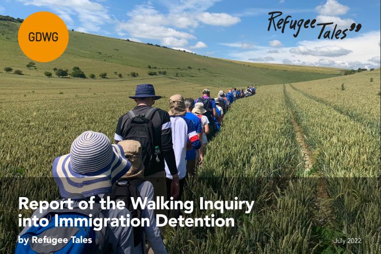 A line of people walk through a yellow field with the text Report of the Walking Inquiry into Immigration Detention overlayed